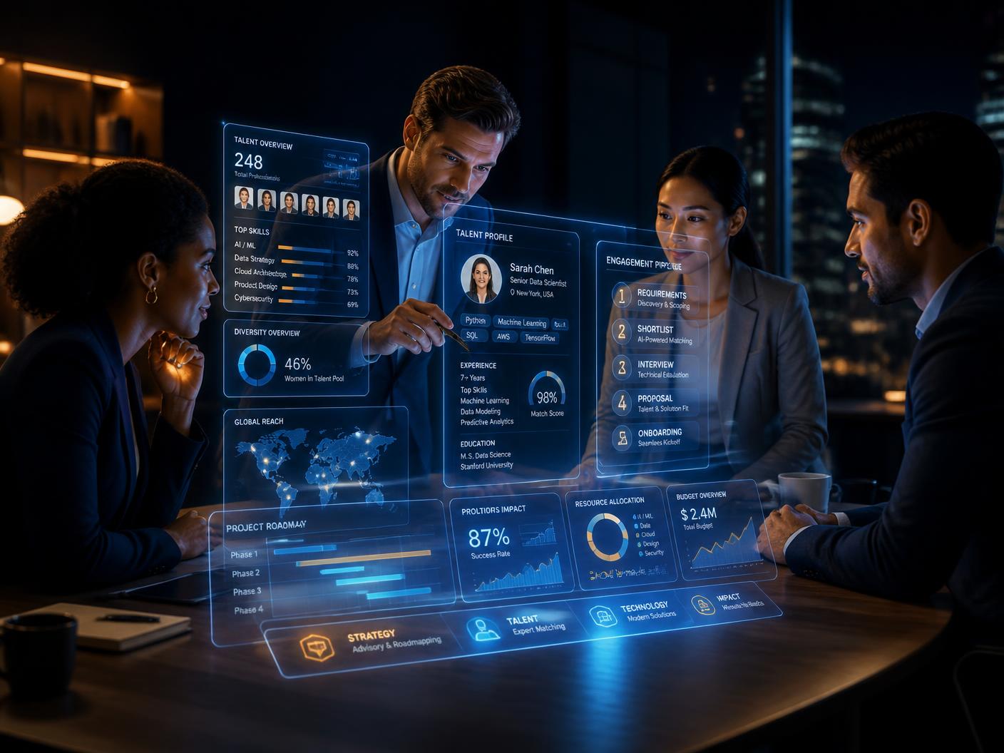Consulting team reviewing an AI-powered talent and project dashboard